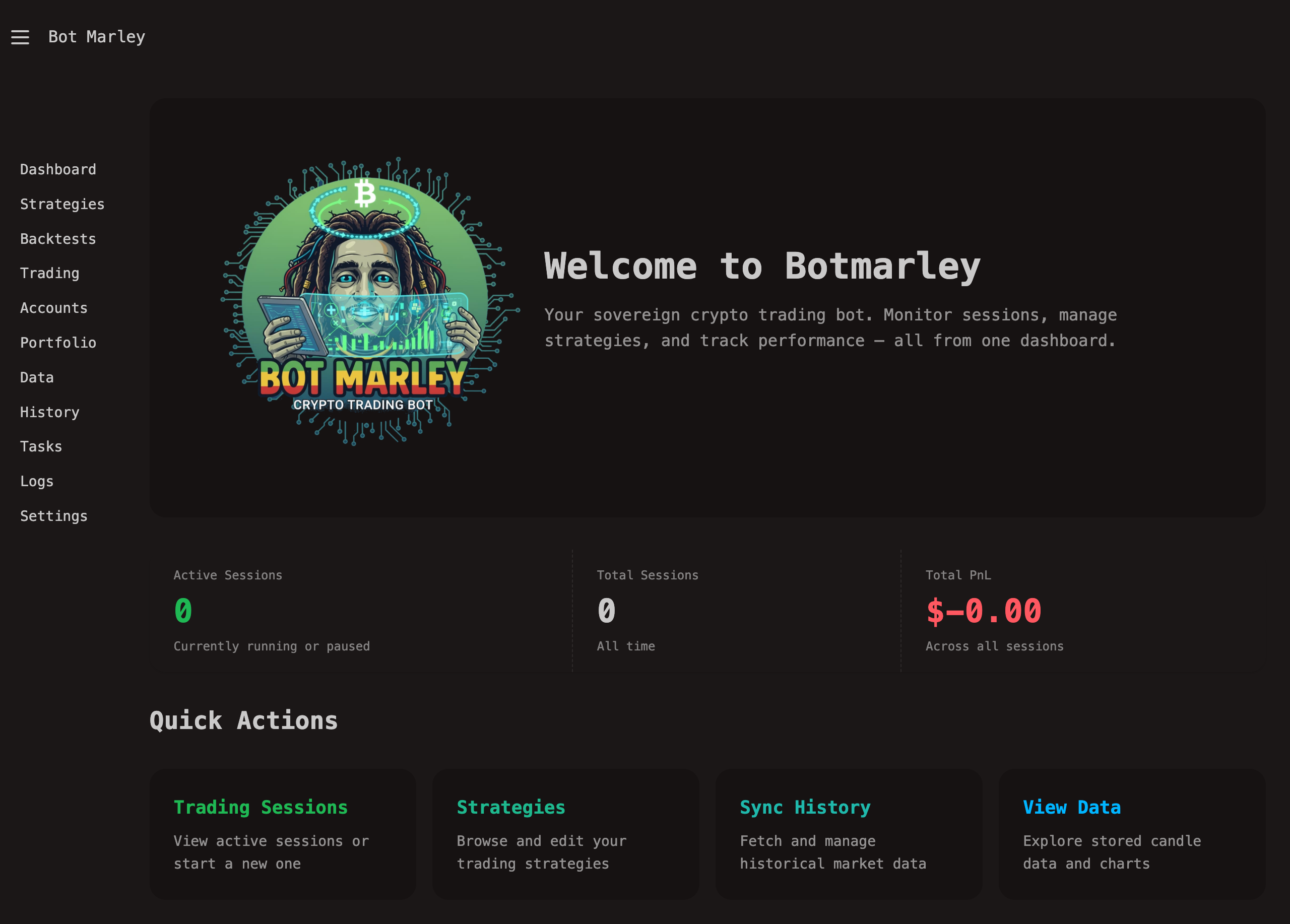 Botmarley dashboard showing active sessions, portfolio summary, and quick navigation