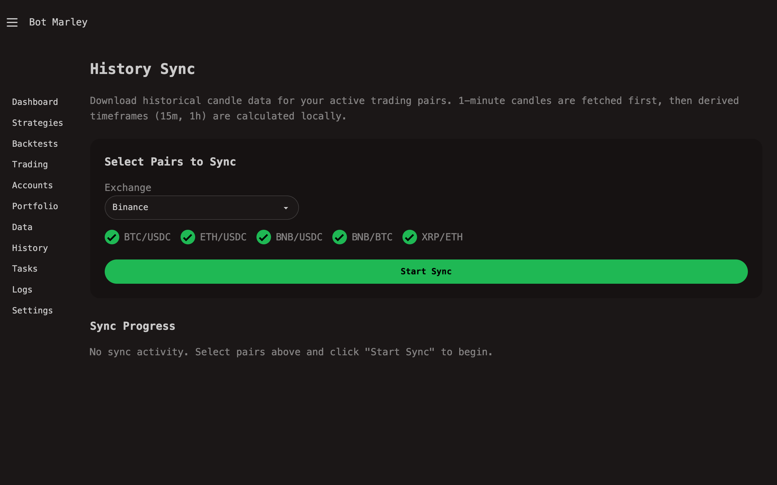 History Sync page showing exchange selection, pair list, and sync status