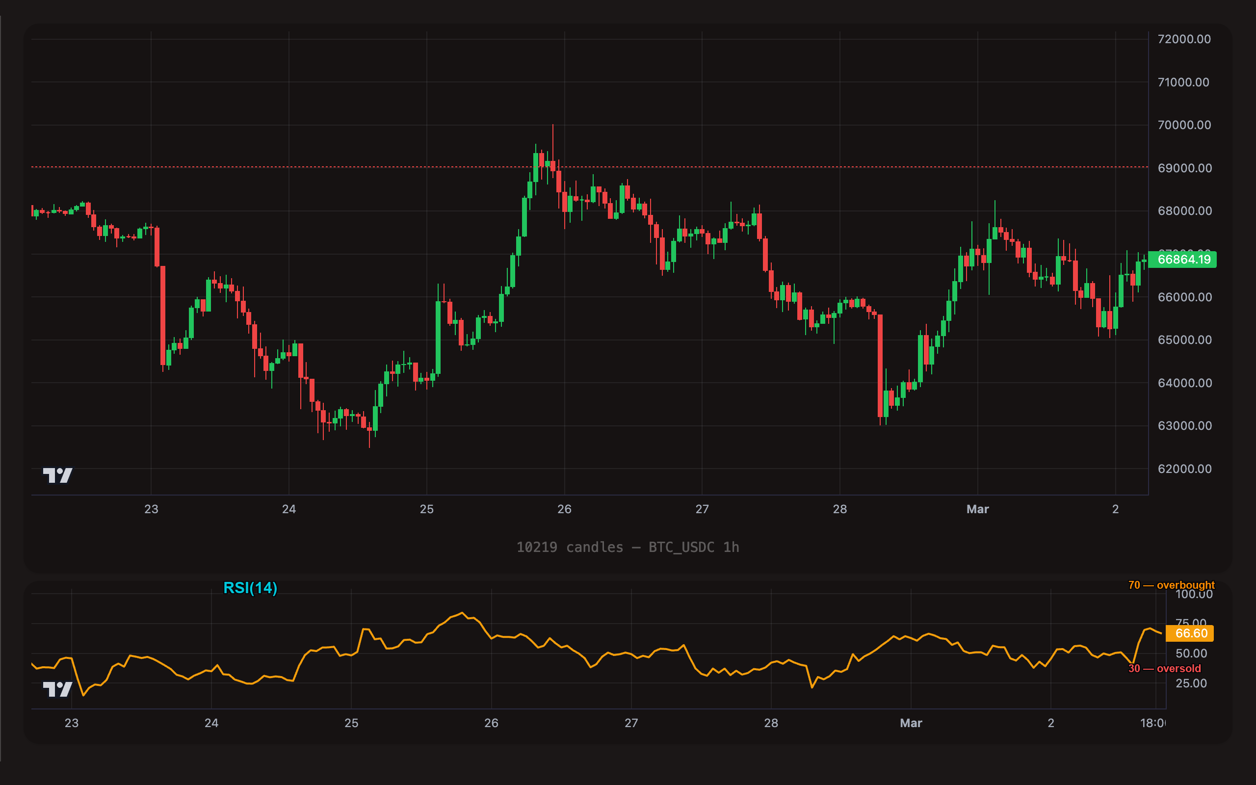 RSI(14) shown as oscillator below BTC/USDC 1h candle chart with zone labels