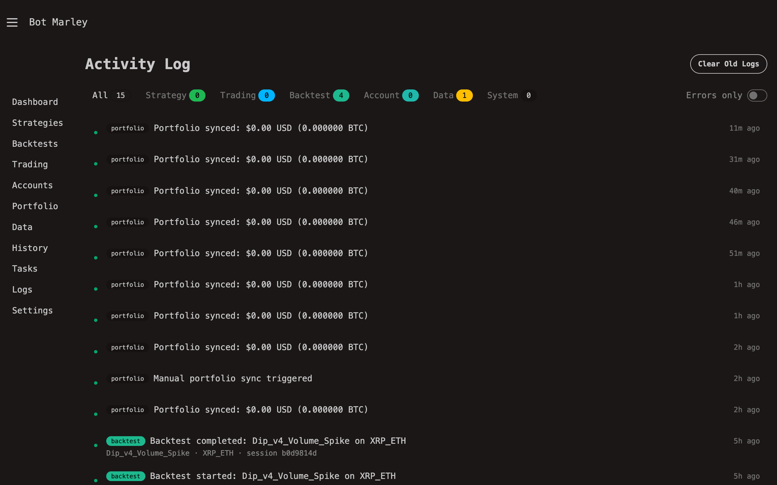 Activity logs page with filtering controls for log level and category