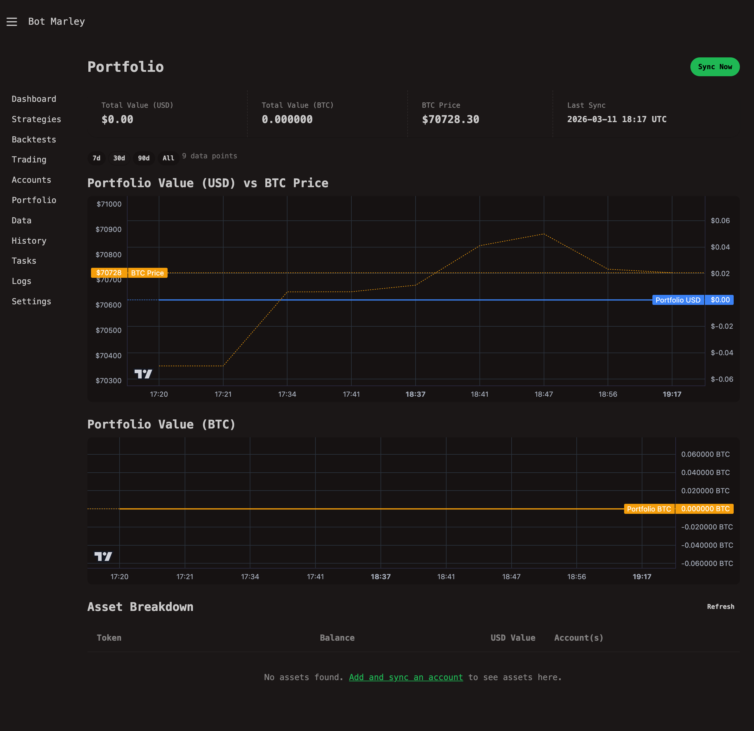 Portfolio page showing summary cards, value charts, and per-token asset breakdown