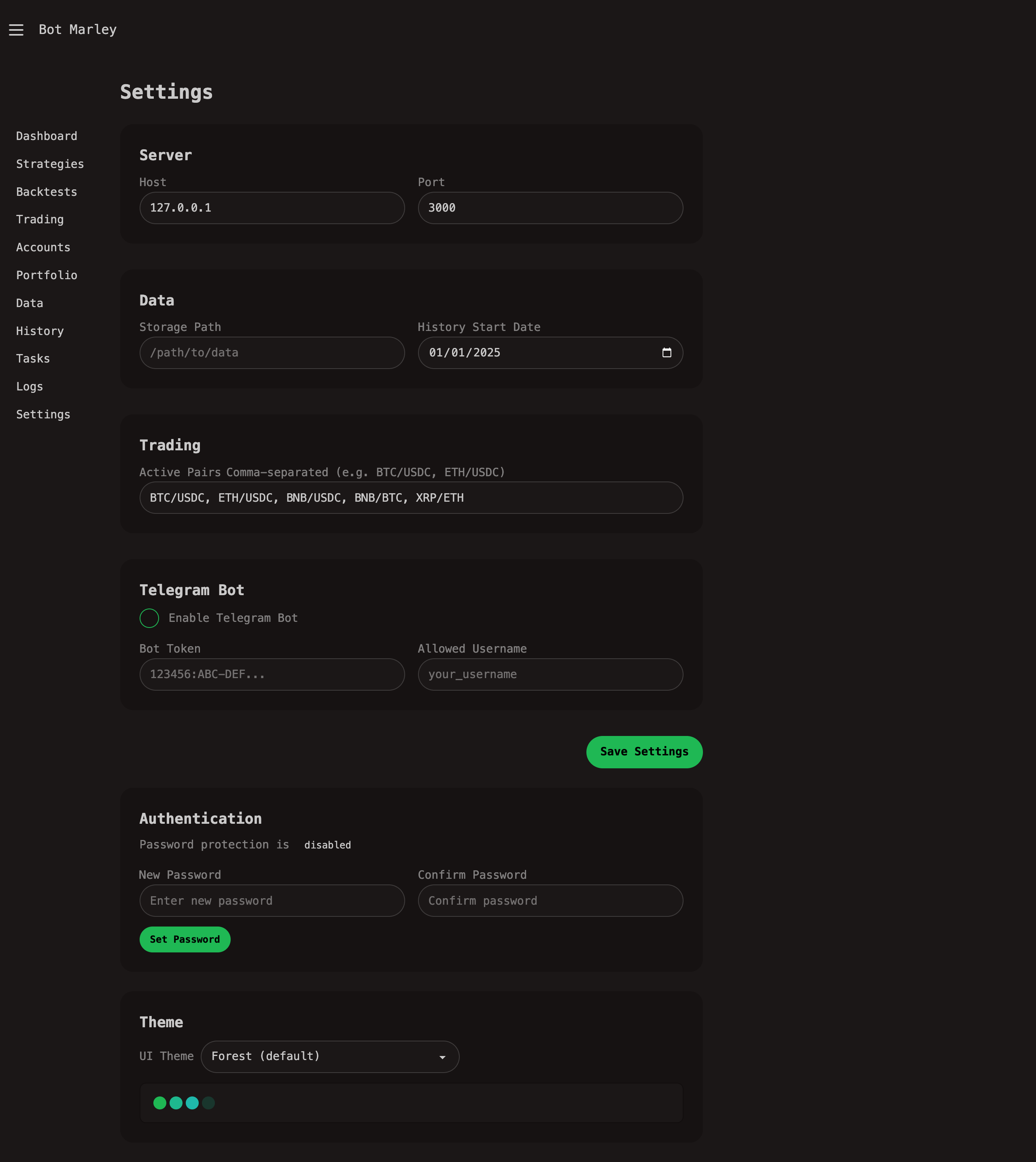 Settings page showing configuration options for home directory, Telegram, database, and API keys