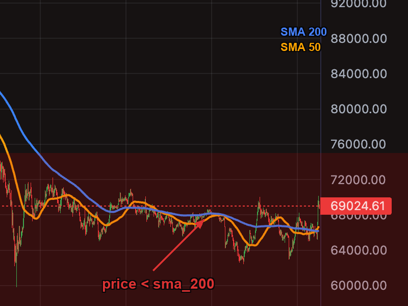 Price below SMA(200) — bearish territory