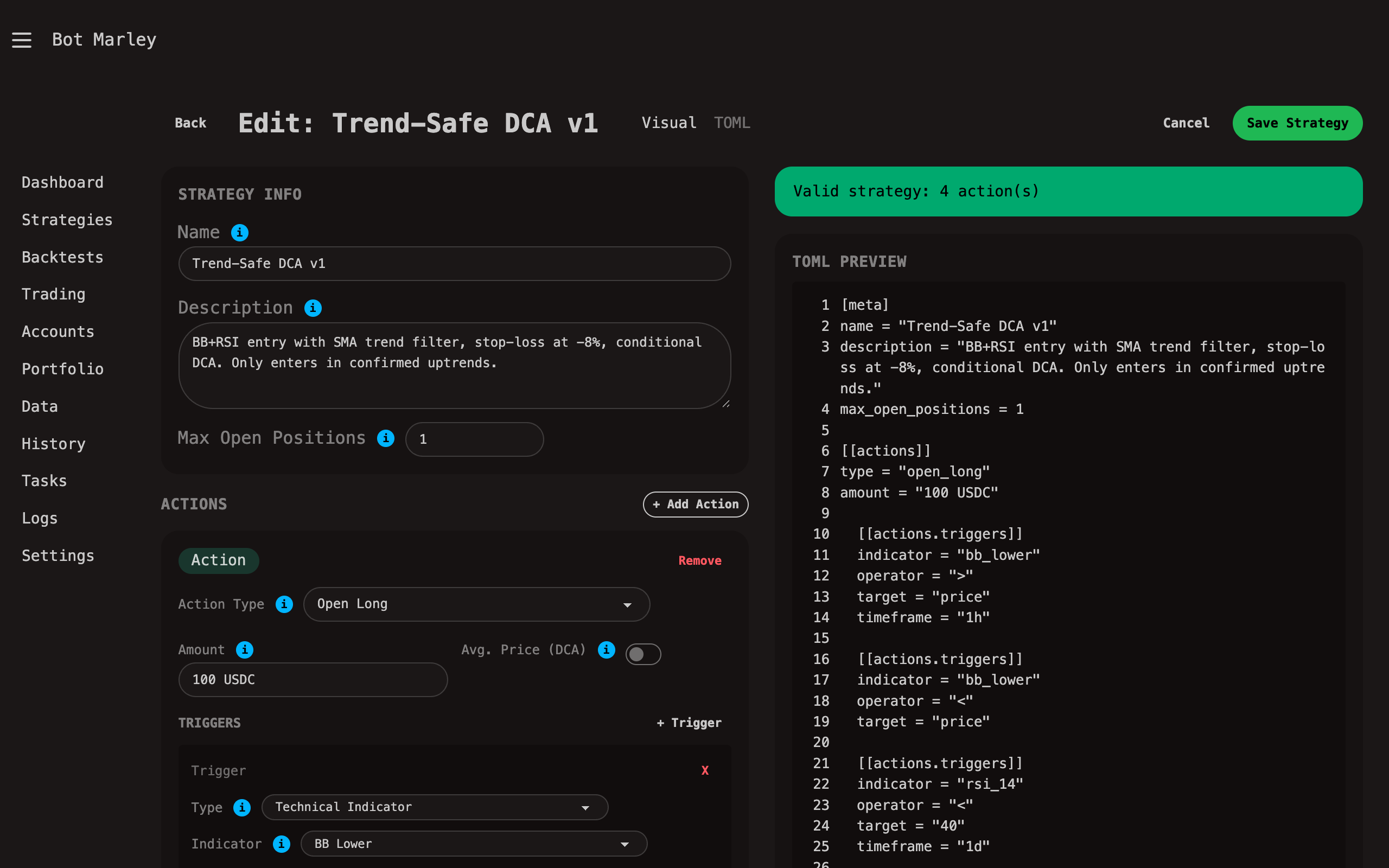 Visual strategy editor with form-based UI for building trading strategies