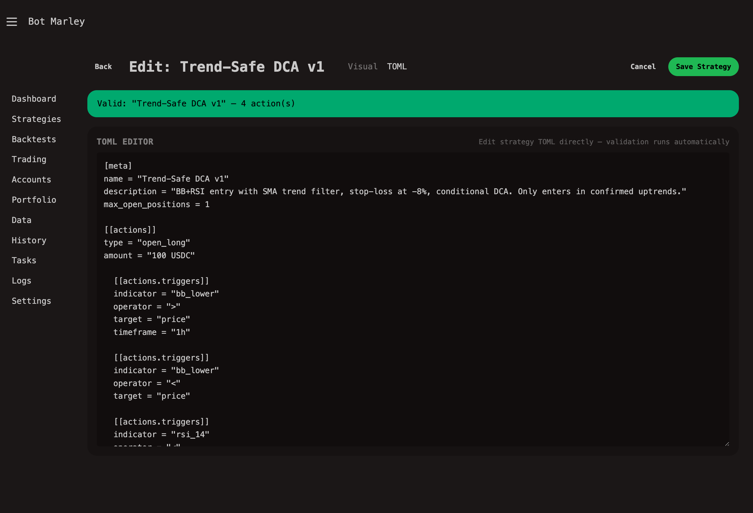 Raw TOML editing view for direct strategy file editing
