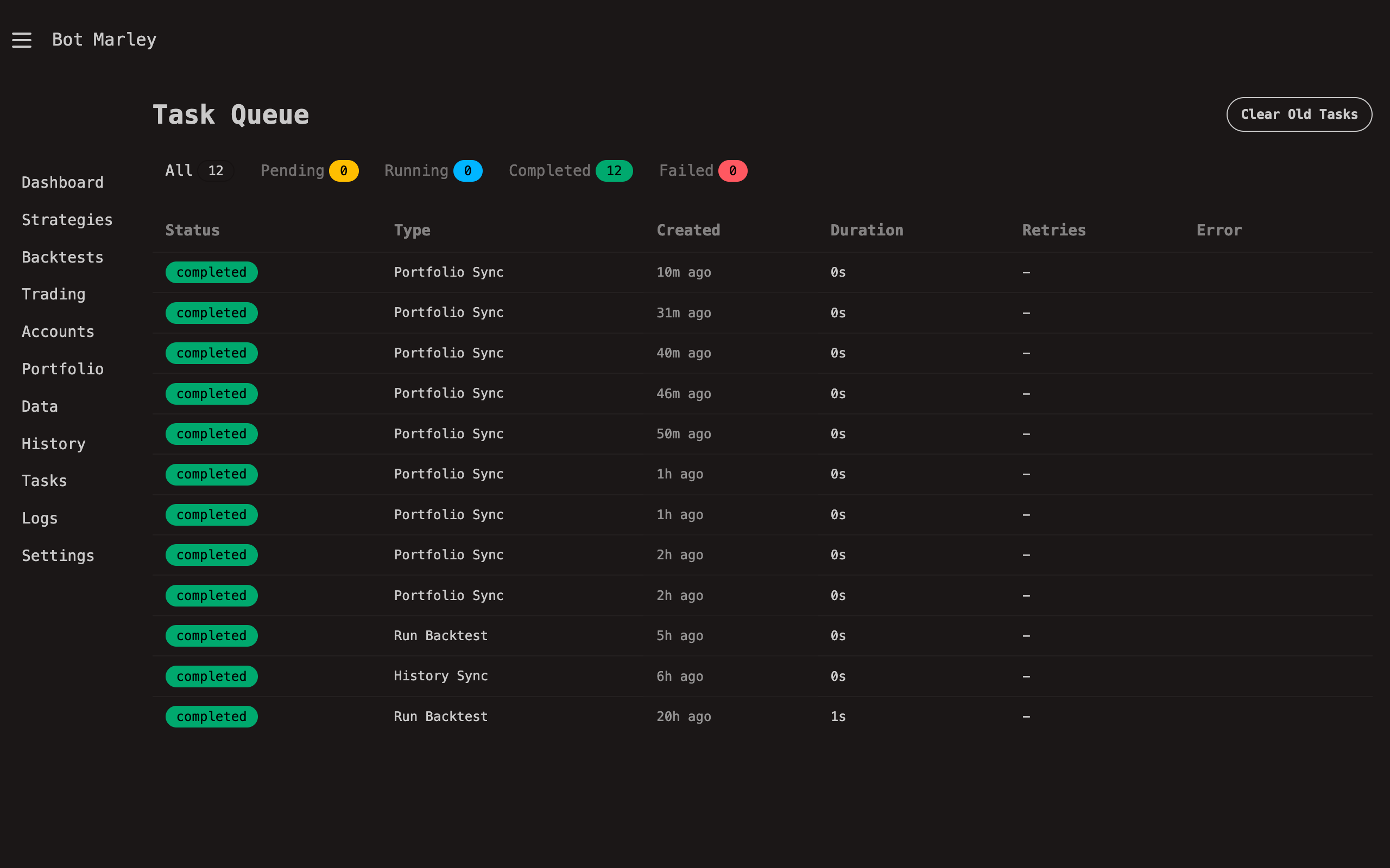 Task queue interface showing pending, completed, and failed tasks